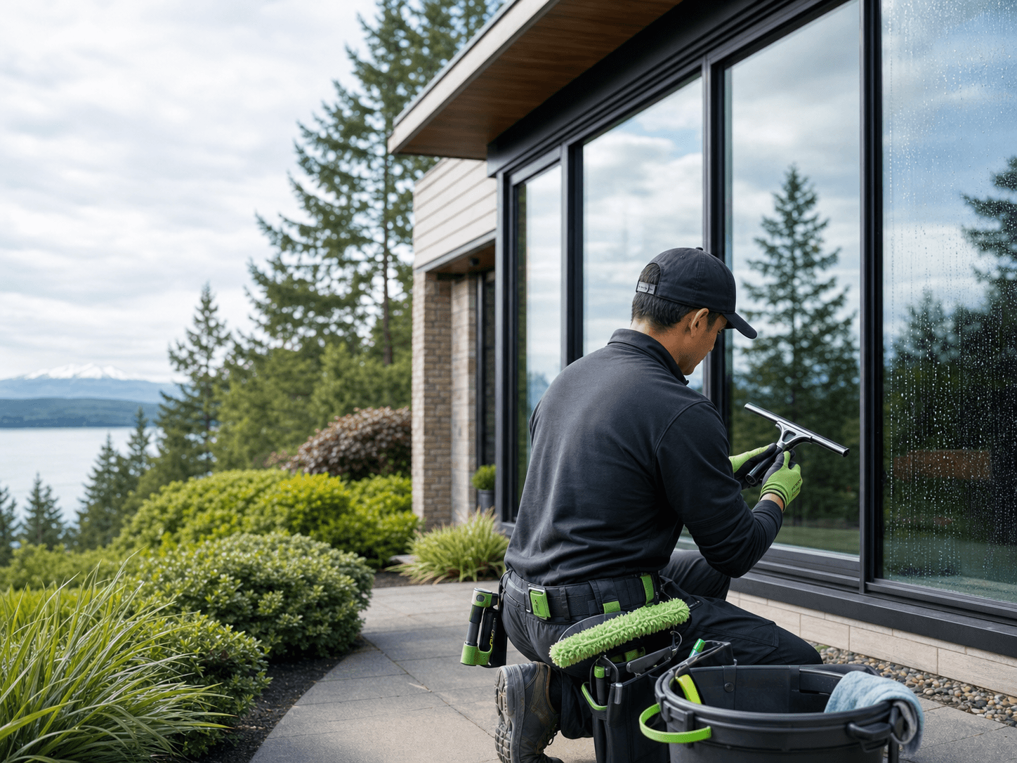 Window cleaning professional preparing tools beside a home